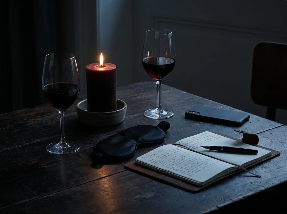 Dwa kieliszki, świeca, opaska na oczy i notes na stole