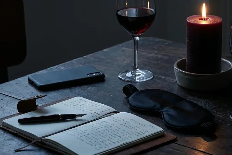Dwa kieliszki, świeca, opaska na oczy i notes na stole